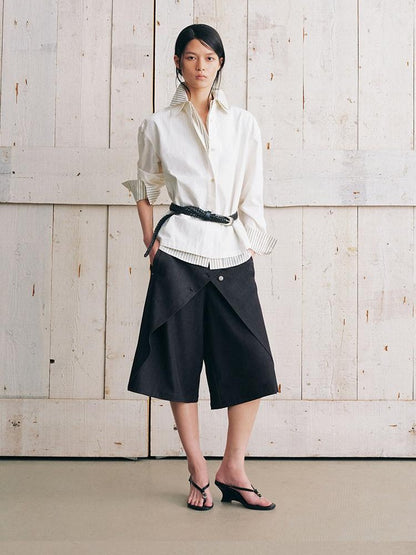 AnnoMundi Bermuda plissé asymétrique noir à double couche réversible pour femme