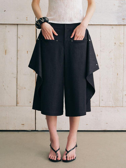 AnnoMundi Bermuda plissé asymétrique noir à double couche réversible pour femme