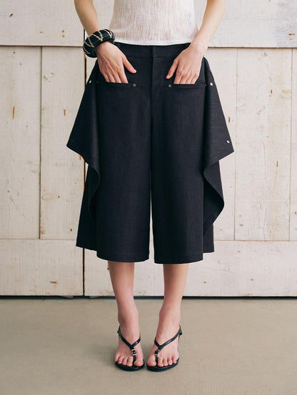 AnnoMundi Bermuda plissé asymétrique noir à double couche réversible pour femme