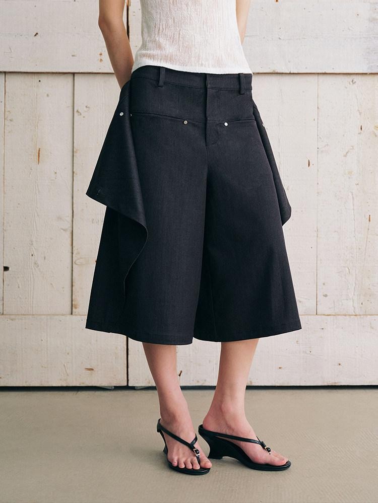 AnnoMundi Bermuda plissé asymétrique noir à double couche réversible pour femme