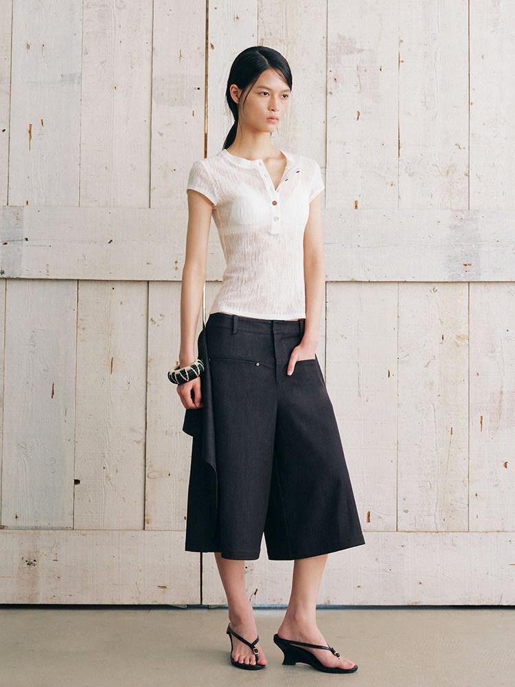 AnnoMundi Bermuda plissé asymétrique noir à double couche réversible pour femme