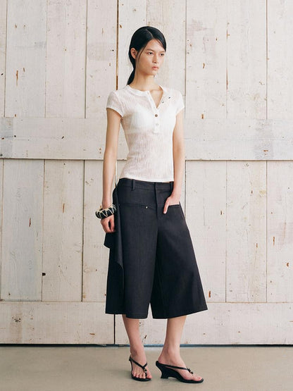 AnnoMundi Bermuda plissé asymétrique noir à double couche réversible pour femme