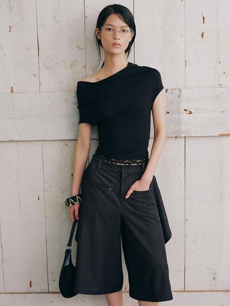 AnnoMundi Bermuda plissé asymétrique noir à double couche réversible pour femme