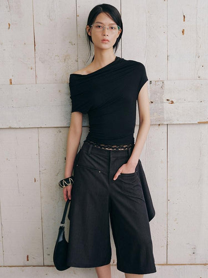 AnnoMundi Bermuda plissé asymétrique noir à double couche réversible pour femme