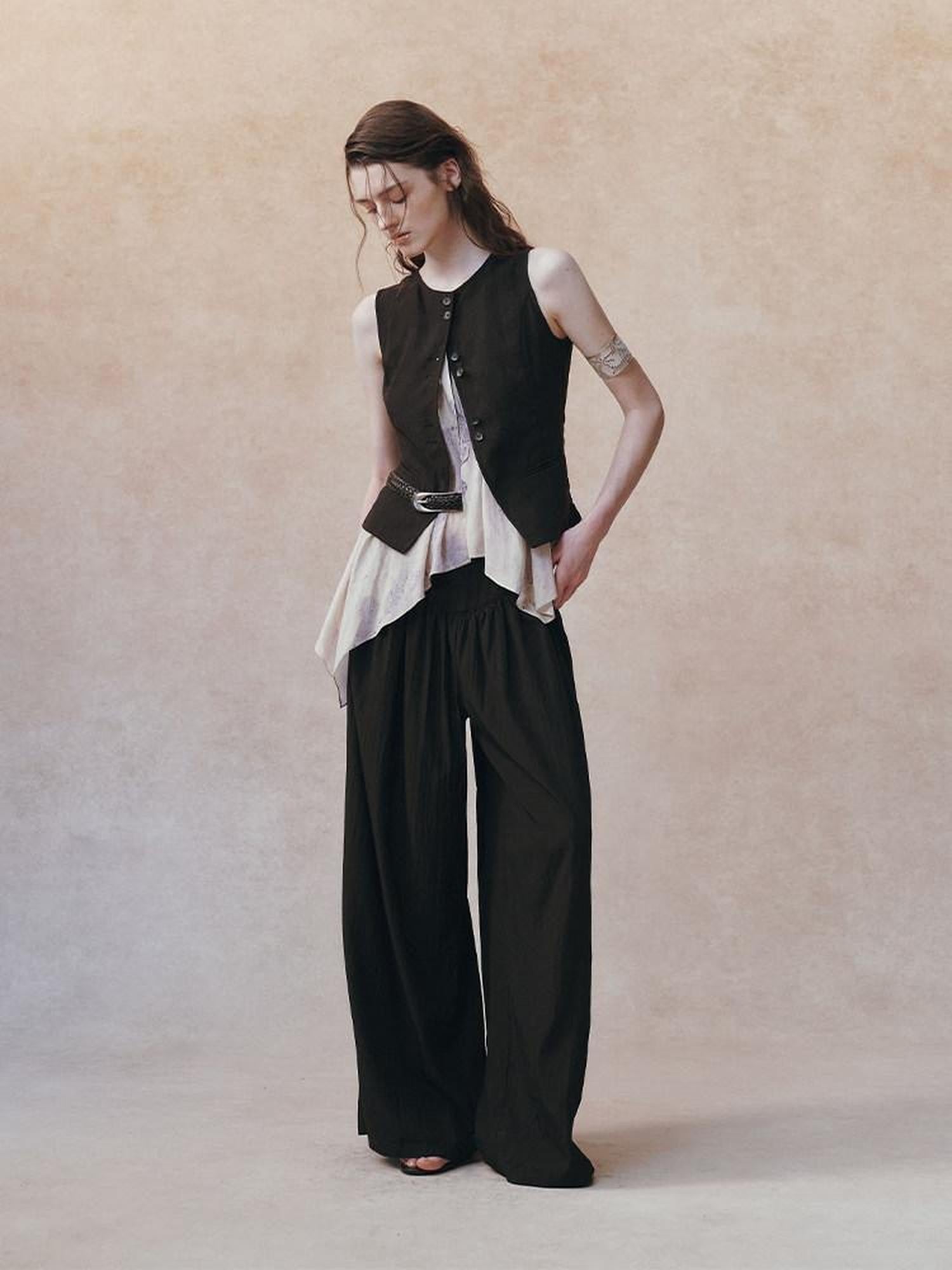 AnnoMundi Black Beige Colorblock Asymmetric Patchwork Tie Women&