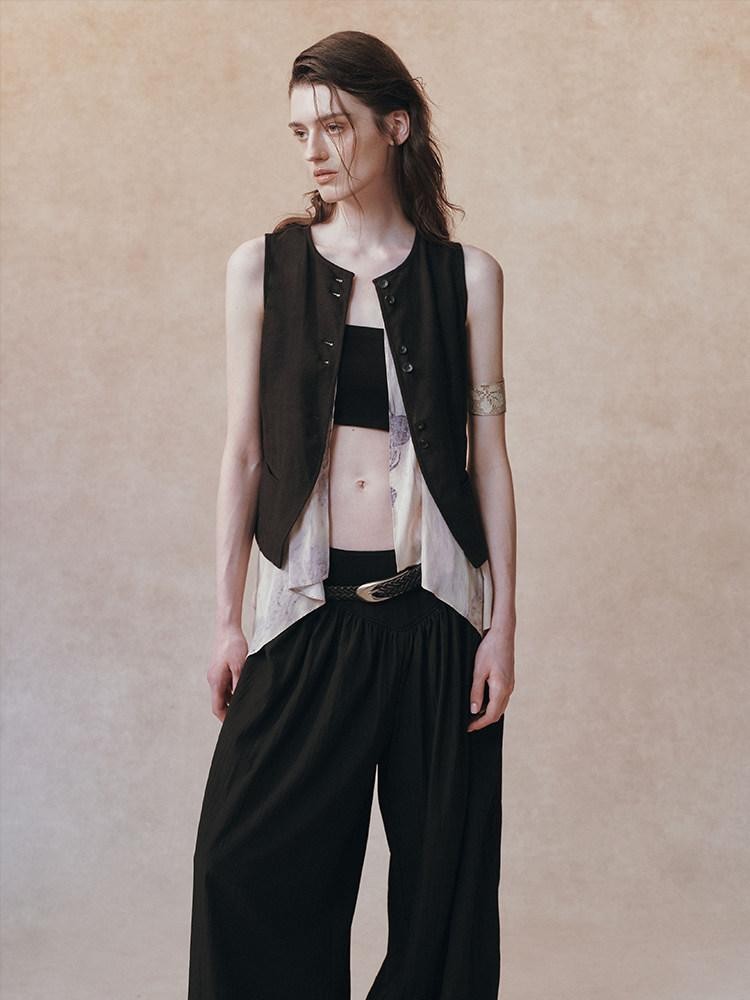 AnnoMundi Black Beige Colorblock Asymmetric Patchwork Tie Women&