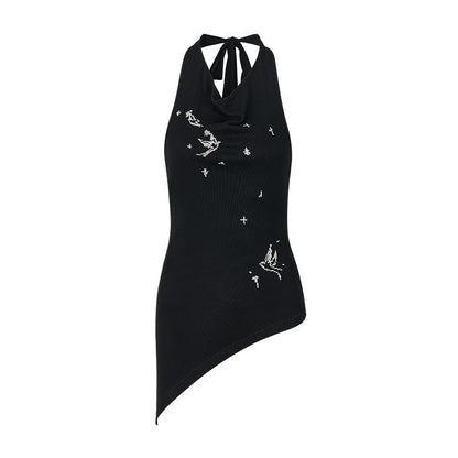 AnnoMundi Black Bird Embroidered Asymmetrical Tie One Shoulder Women&