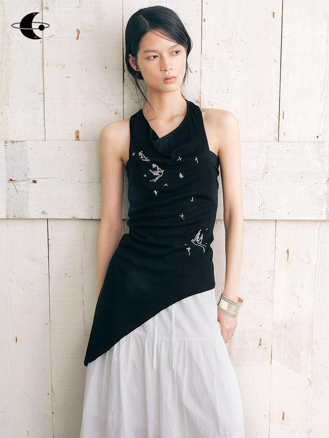 AnnoMundi Black Bird Embroidered Asymmetrical Tie One Shoulder Women&