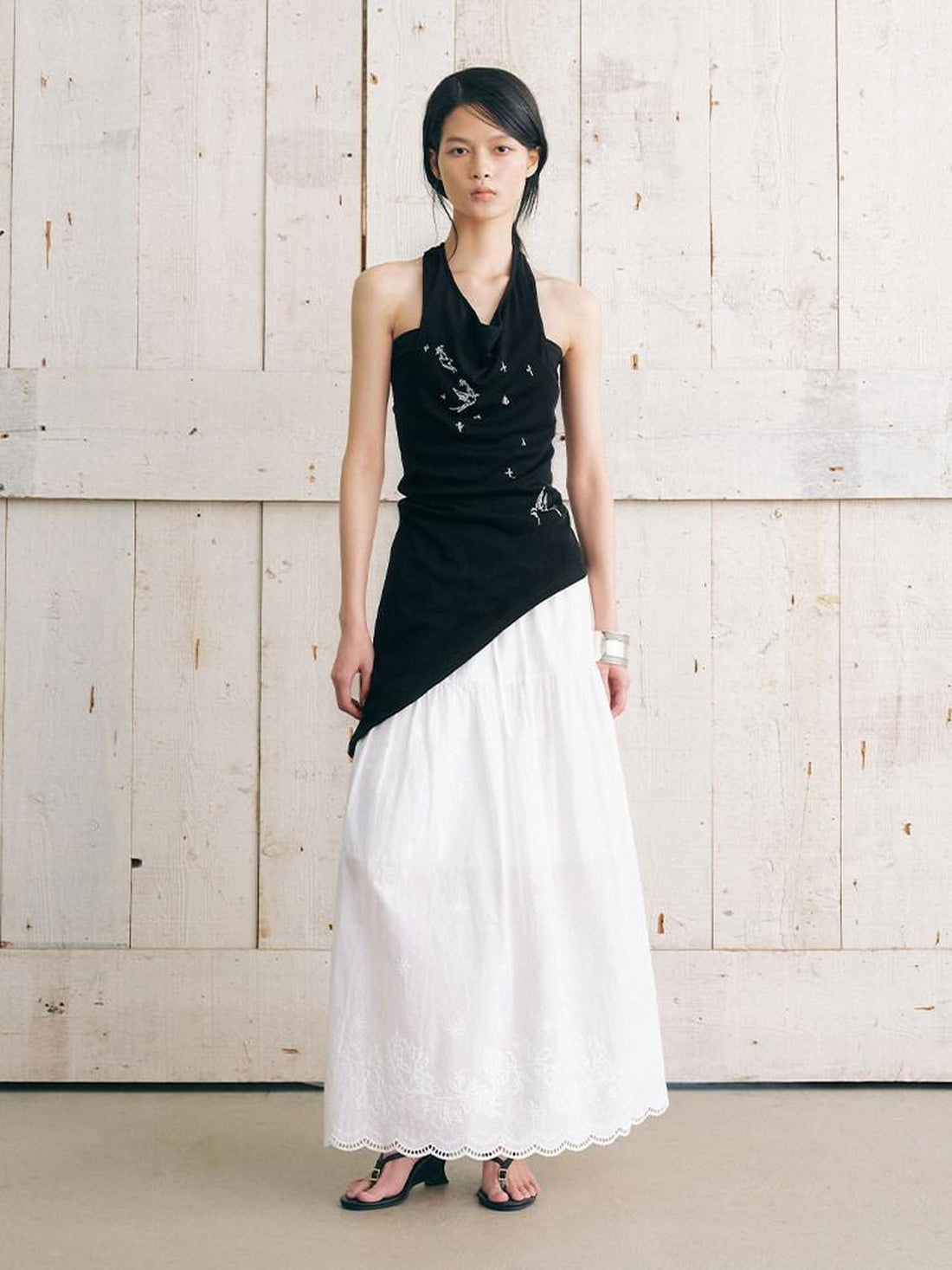 AnnoMundi Black Bird Embroidered Asymmetrical Tie One Shoulder Women&