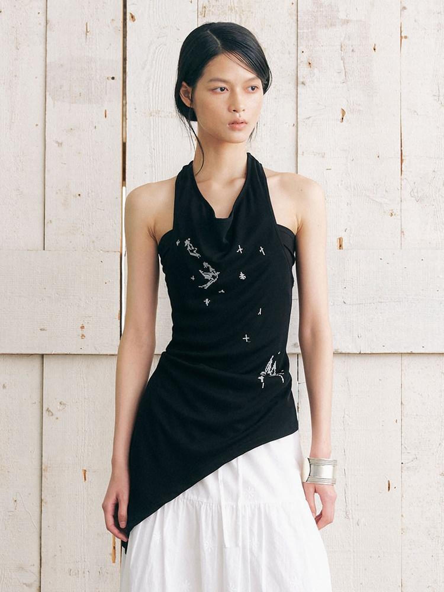AnnoMundi Black Bird Embroidered Asymmetrical Tie One Shoulder Women&