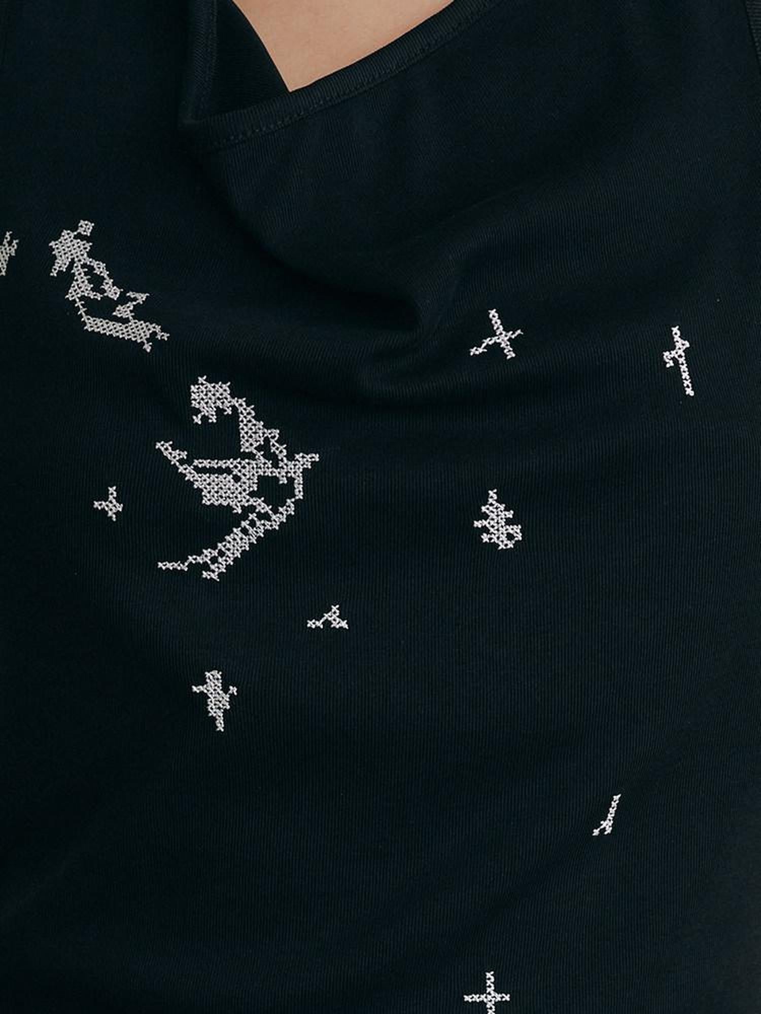 AnnoMundi Black Bird Embroidered Asymmetrical Tie One Shoulder Women&