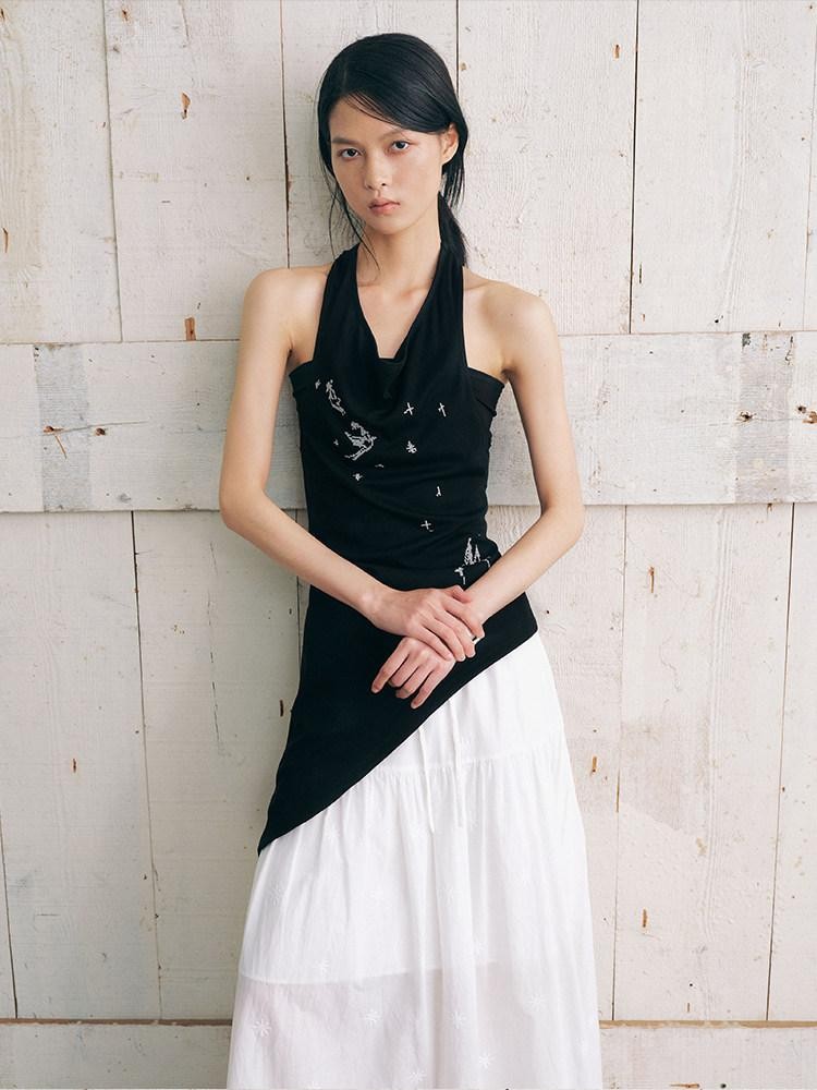 AnnoMundi Black Bird Embroidered Asymmetrical Tie One Shoulder Women&