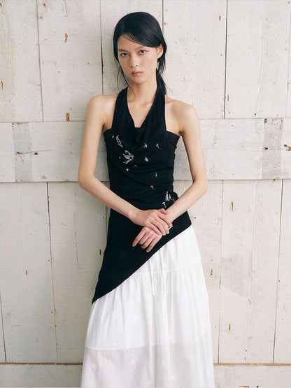 AnnoMundi Black Bird Embroidered Asymmetrical Tie One Shoulder Women&
