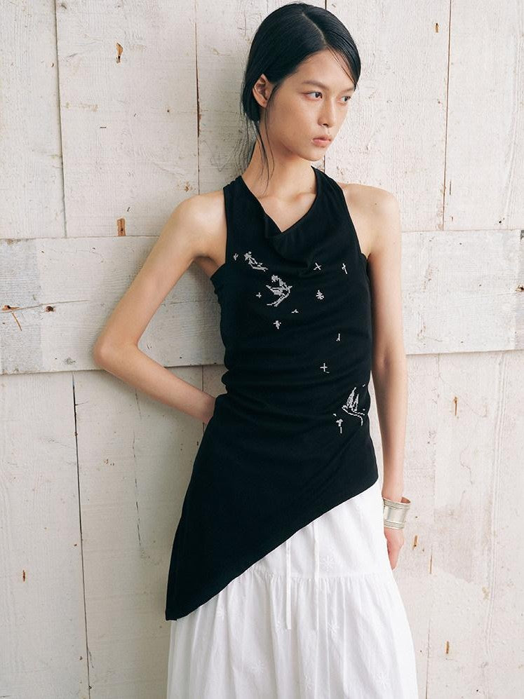 AnnoMundi Black Bird Embroidered Asymmetrical Tie One Shoulder Women&