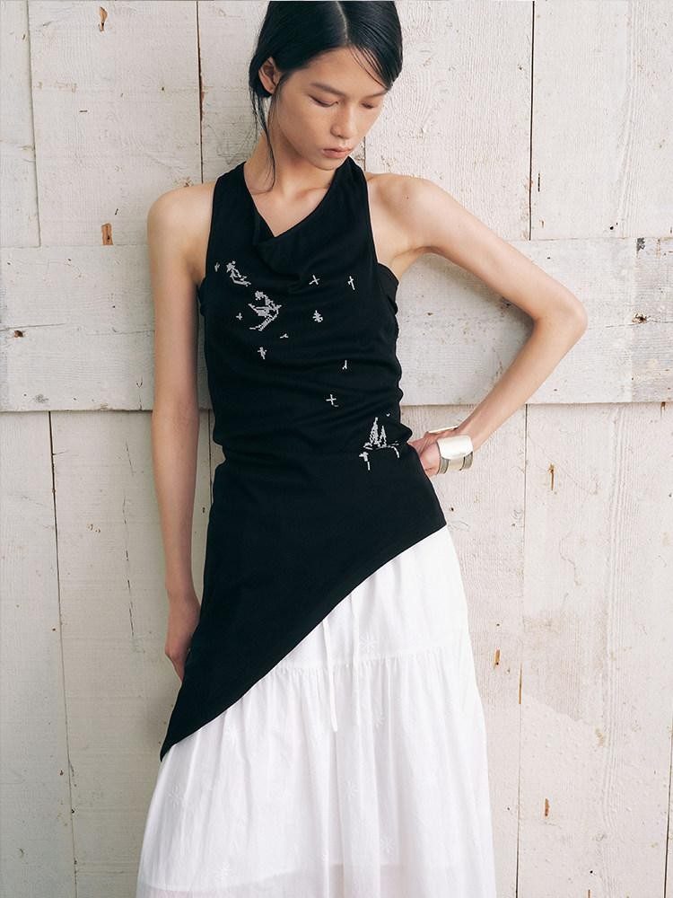 AnnoMundi Black Bird Embroidered Asymmetrical Tie One Shoulder Women&