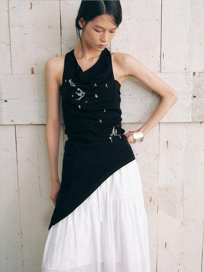 AnnoMundi Black Bird Embroidered Asymmetrical Tie One Shoulder Women&