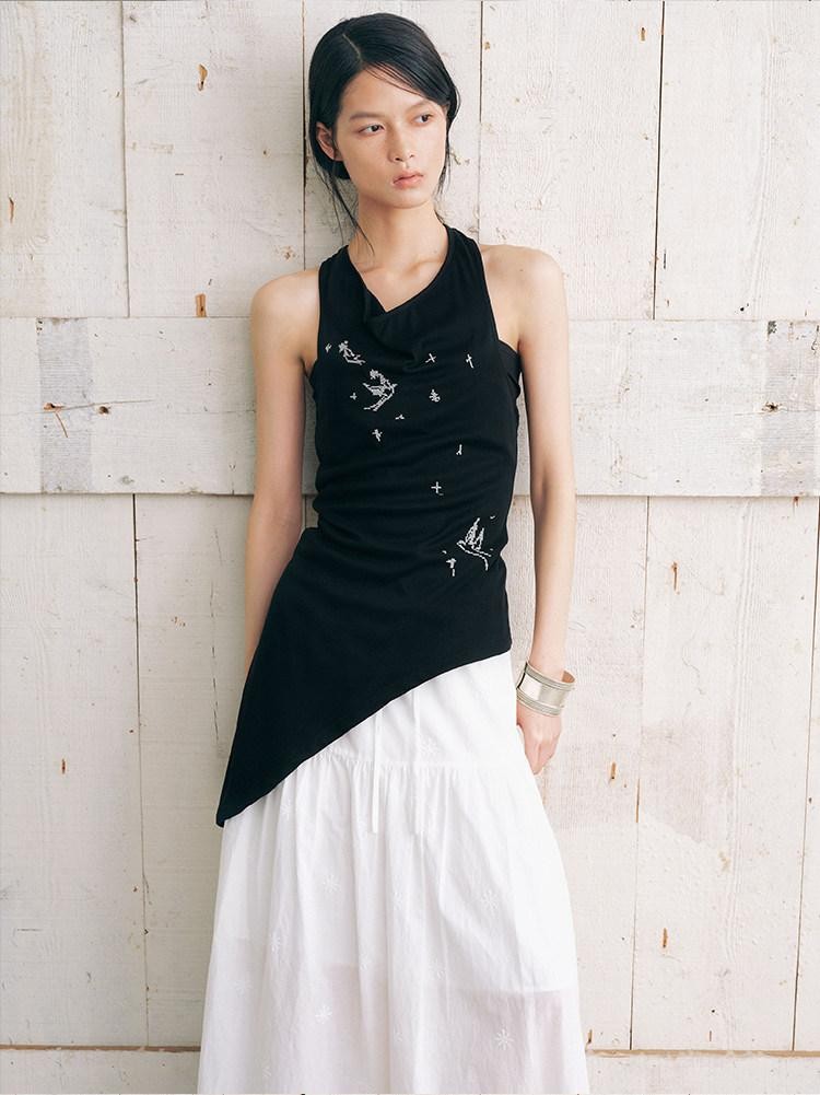 AnnoMundi Black Bird Embroidered Asymmetrical Tie One Shoulder Women&