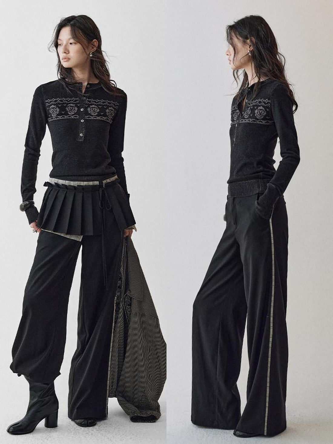 AnnoMundi Black Brown Tie Waist Pleated Women&