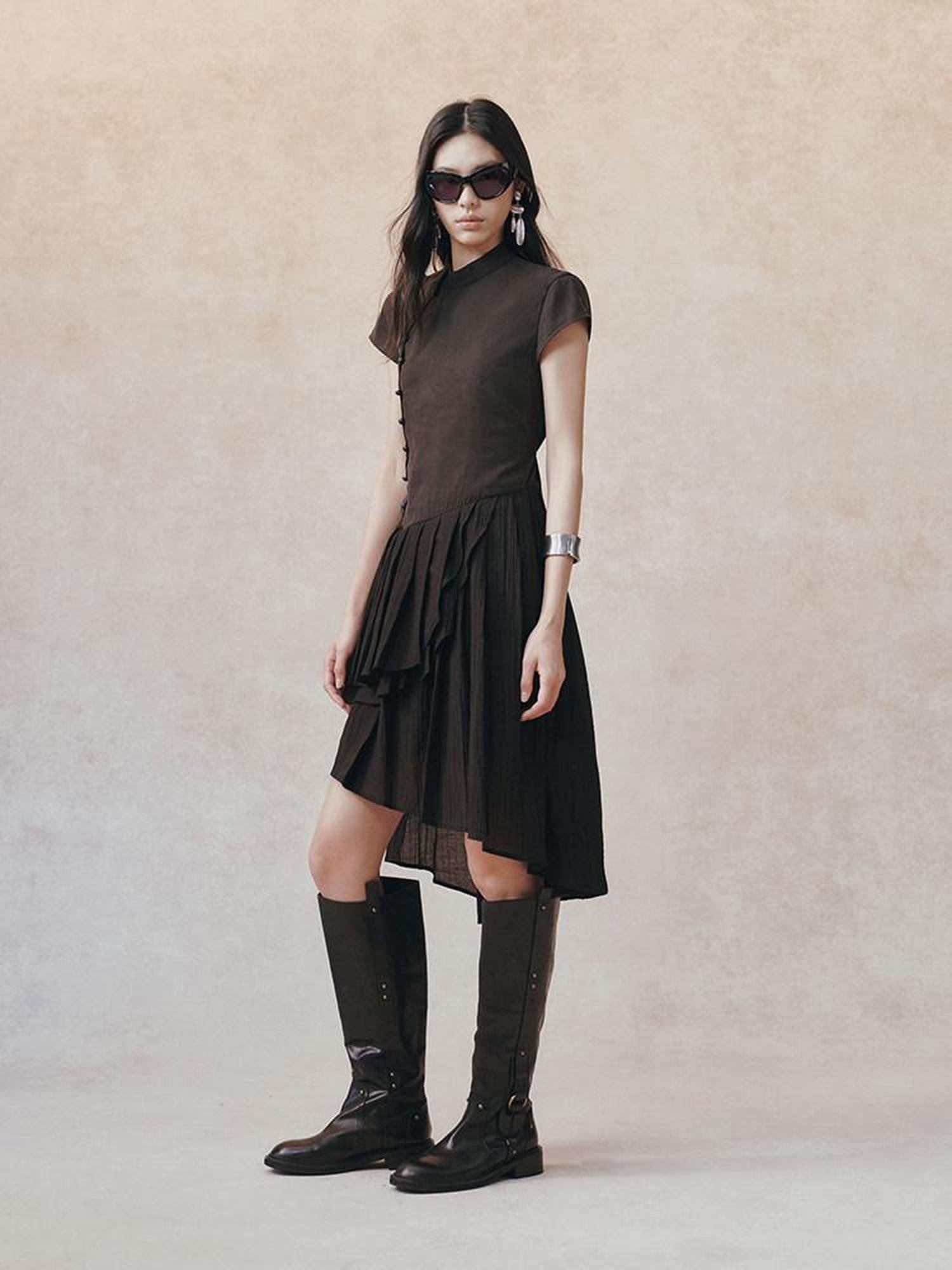 AnnoMundi Black Chinese Asymmetric Pearl Button Aline Women's Modal Casual Midi Dresses – MISSTT