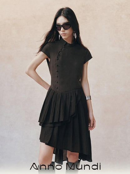 AnnoMundi Black Chinese Asymmetric Pearl Button Aline Women&
