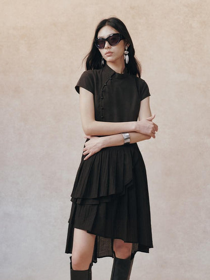 AnnoMundi Black Chinese Asymmetric Pearl Button Aline Women&