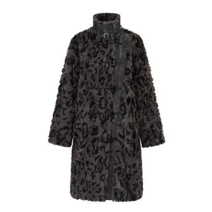 AnnoMundi Manteau long pour femmes en polyester et coton, à col montant, avec empiècements en fausse fourrure noire et grise