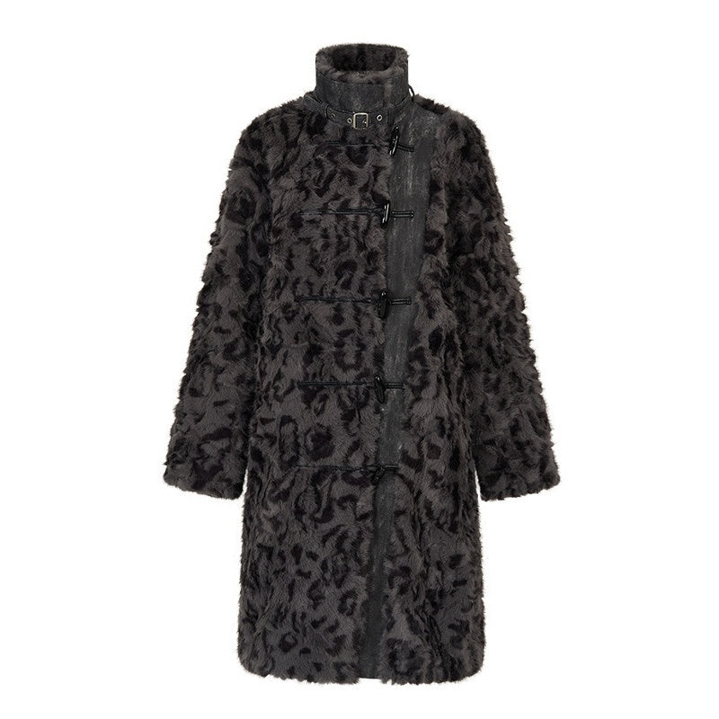 AnnoMundi Manteau long pour femmes en polyester et coton, à col montant, avec empiècements en fausse fourrure noire et grise
