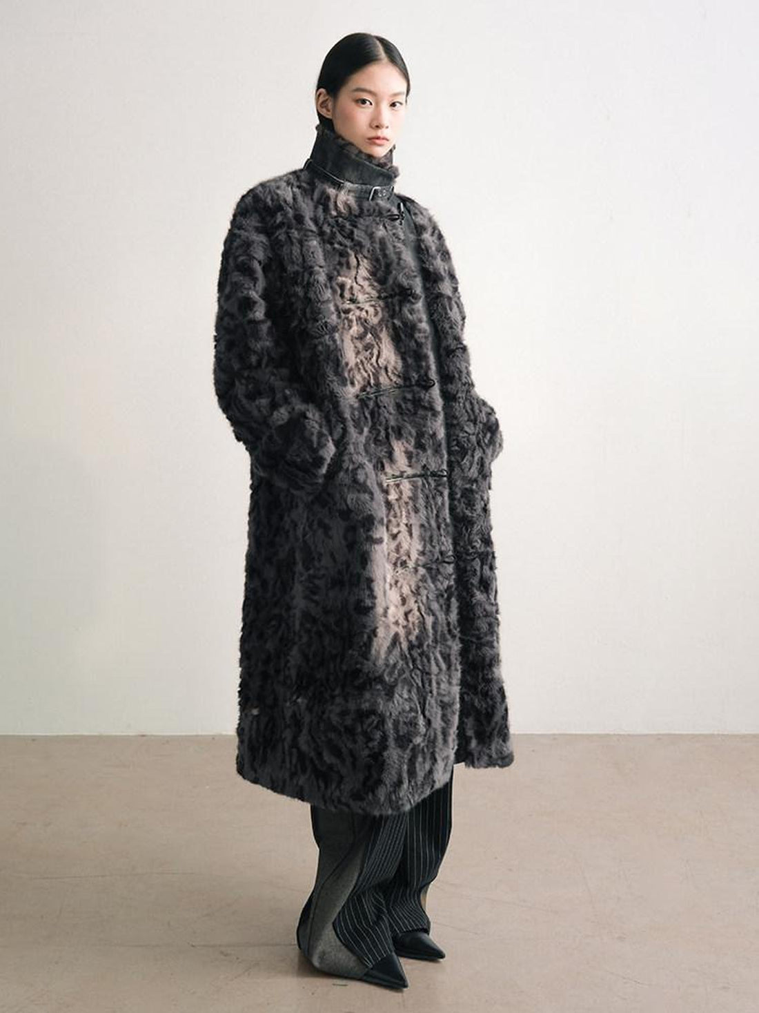 AnnoMundi Black Grey Faux Fur Patchwork Stand Collar Women&