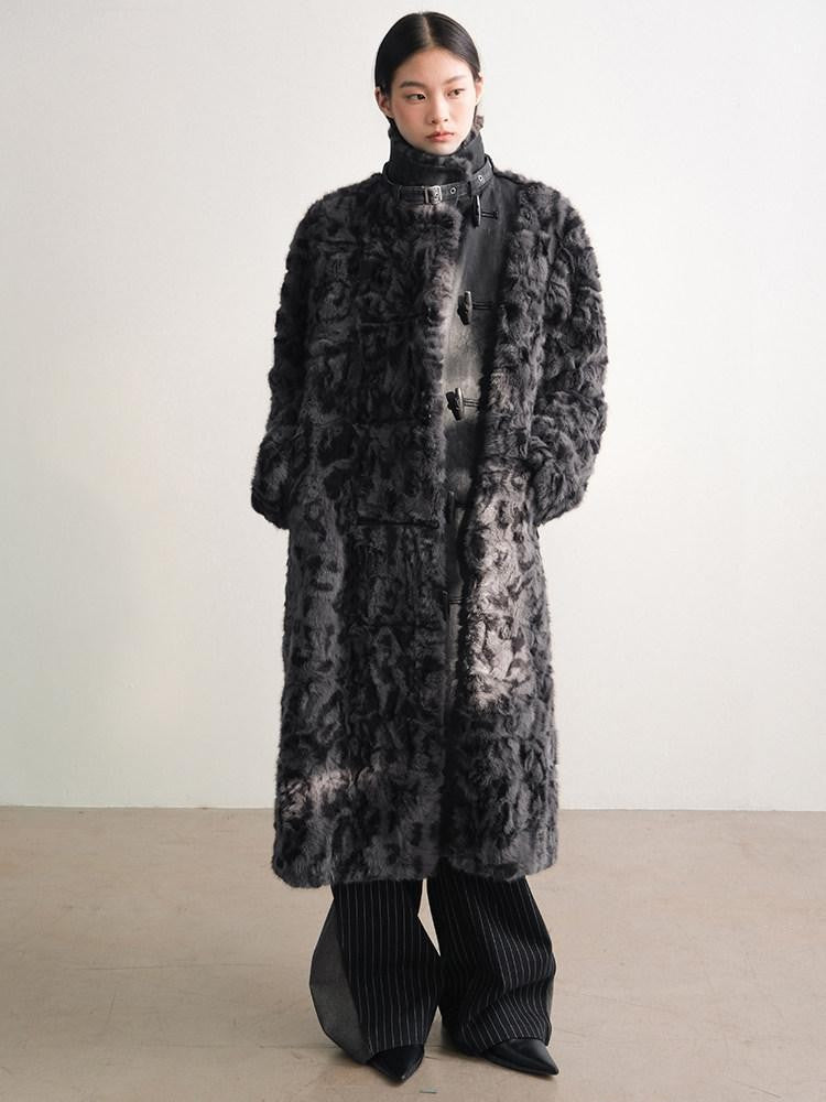 AnnoMundi Manteau long pour femmes en polyester et coton, à col montant, avec empiècements en fausse fourrure noire et grise