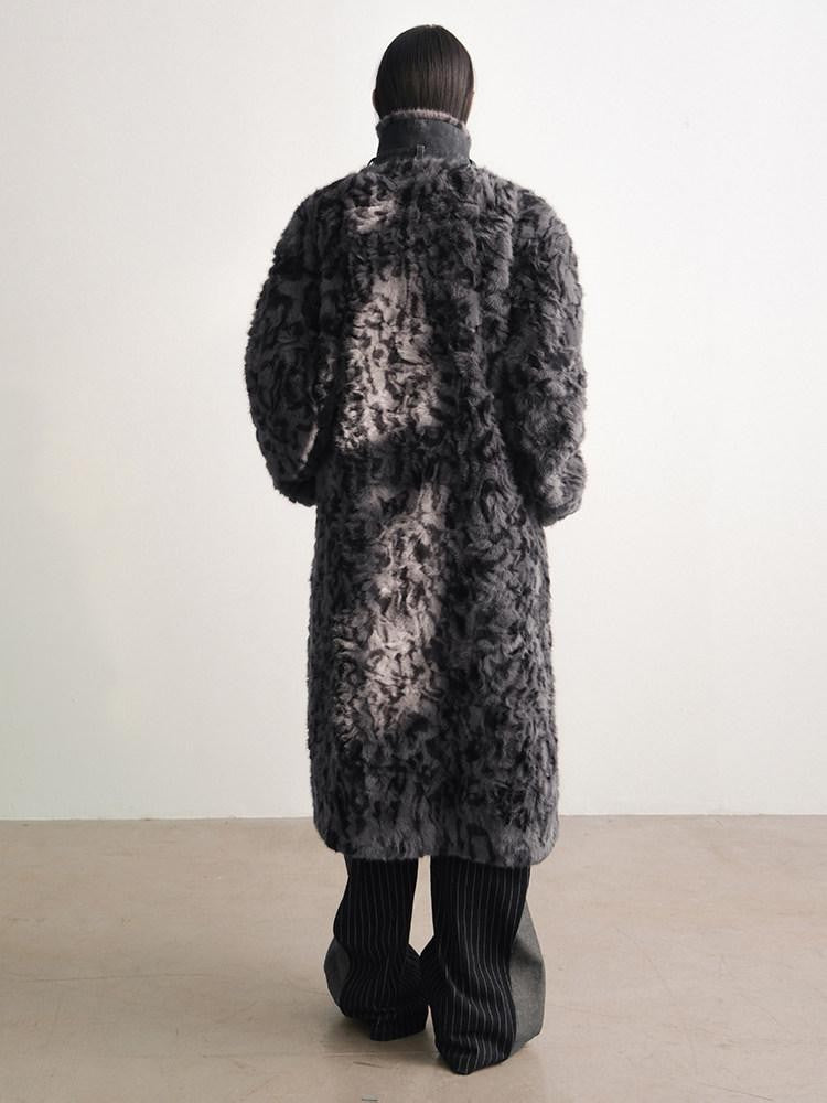 AnnoMundi Manteau long pour femmes en polyester et coton, à col montant, avec empiècements en fausse fourrure noire et grise