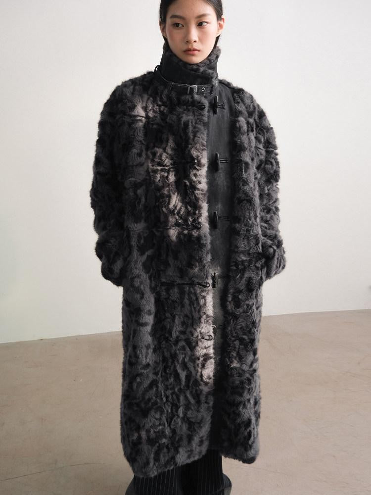 AnnoMundi Manteau long pour femmes en polyester et coton, à col montant, avec empiècements en fausse fourrure noire et grise