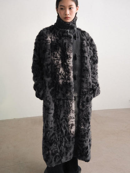 AnnoMundi Manteau long pour femmes en polyester et coton, à col montant, avec empiècements en fausse fourrure noire et grise