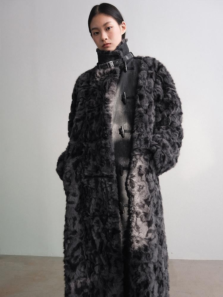 AnnoMundi Manteau long pour femmes en polyester et coton, à col montant, avec empiècements en fausse fourrure noire et grise