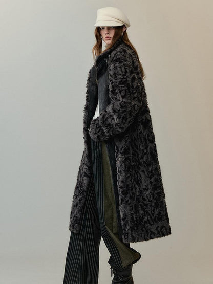 AnnoMundi Manteau long pour femmes en polyester et coton, à col montant, avec empiècements en fausse fourrure noire et grise
