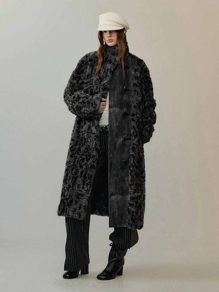 AnnoMundi Manteau long pour femmes en polyester et coton, à col montant, avec empiècements en fausse fourrure noire et grise