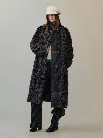 AnnoMundi Manteau long pour femmes en polyester et coton, à col montant, avec empiècements en fausse fourrure noire et grise