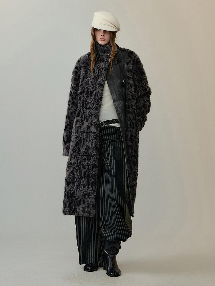 AnnoMundi Manteau long pour femmes en polyester et coton, à col montant, avec empiècements en fausse fourrure noire et grise