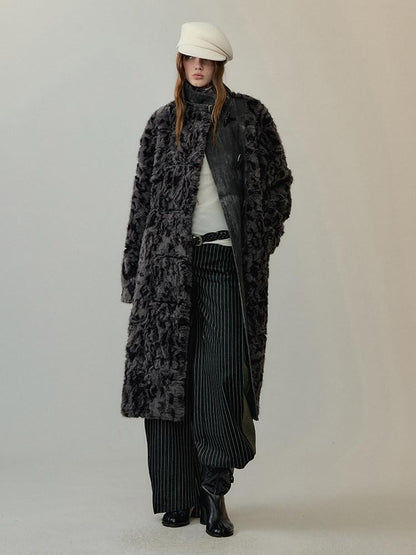 AnnoMundi Manteau long pour femmes en polyester et coton, à col montant, avec empiècements en fausse fourrure noire et grise