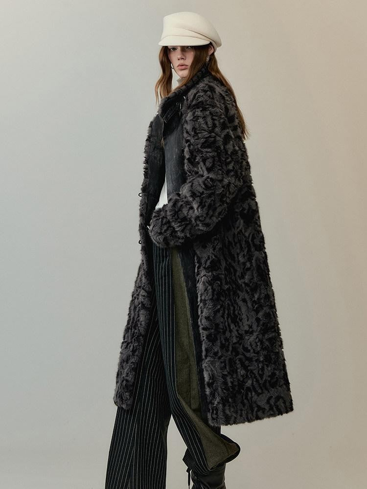 AnnoMundi Manteau long pour femmes en polyester et coton, à col montant, avec empiècements en fausse fourrure noire et grise
