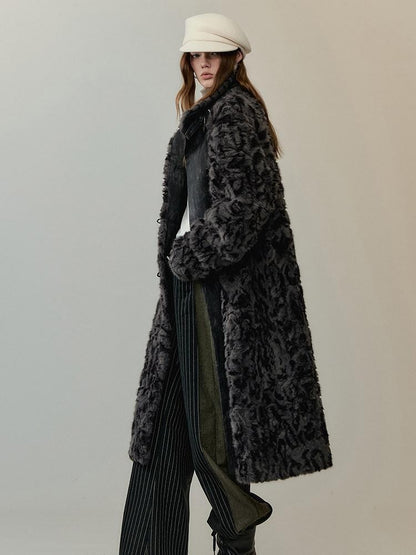 AnnoMundi Manteau long pour femmes en polyester et coton, à col montant, avec empiècements en fausse fourrure noire et grise