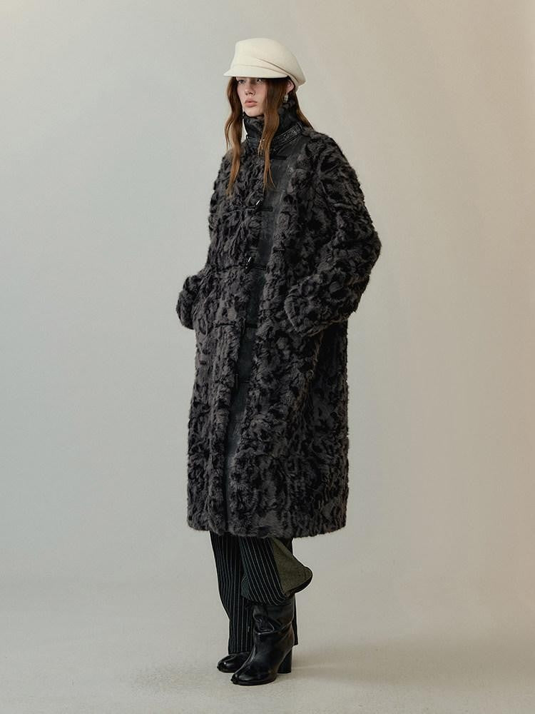 AnnoMundi Manteau long pour femmes en polyester et coton, à col montant, avec empiècements en fausse fourrure noire et grise