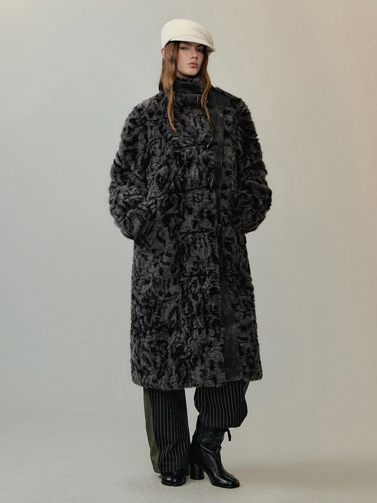 AnnoMundi Manteau long pour femmes en polyester et coton, à col montant, avec empiècements en fausse fourrure noire et grise