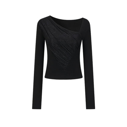 AnnoMundi T-shirt à manches longues pour femmes en dentelle noire, à une épaule et col carré froncé