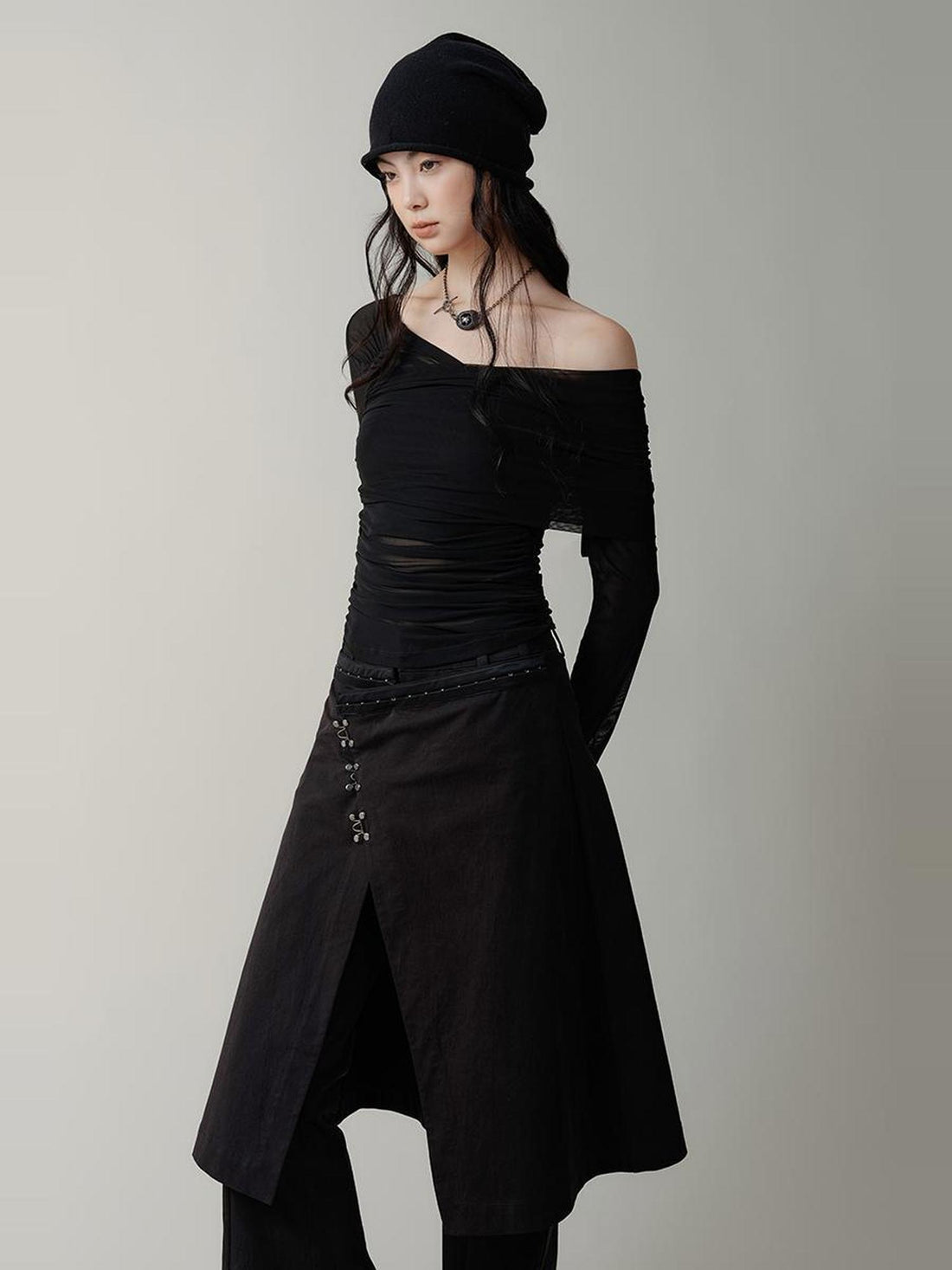 AnnoMundi Black Layered Flare Pants with Detachable Skirt Panel