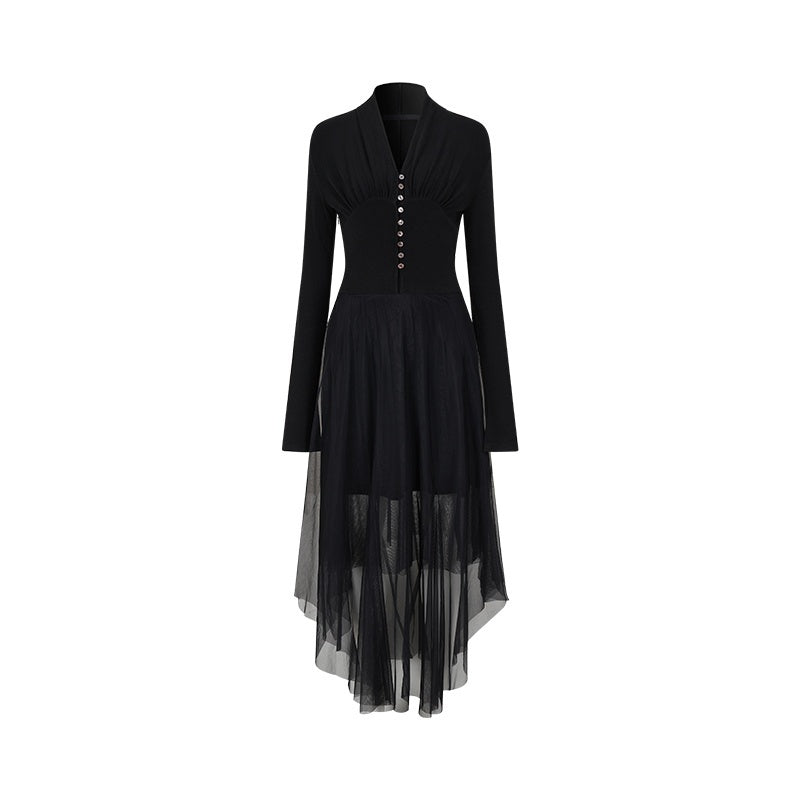 AnnoMundi_Black_Mesh_V-neck_Cinched_Waist_Knit_Women&