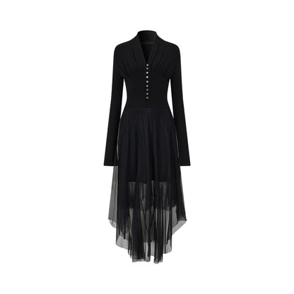 AnnoMundi_Black_Mesh_V-neck_Cinched_Waist_Knit_Women&
