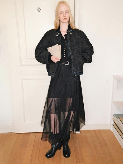 AnnoMundi Black Mesh V-neck Cinched Waist Knit Women&