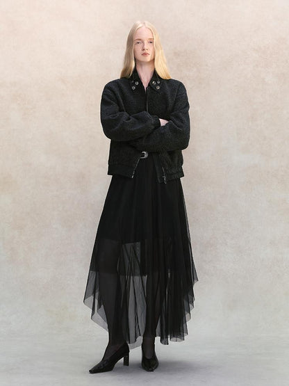 AnnoMundi Black Mesh V-neck Cinched Waist Knit Women&