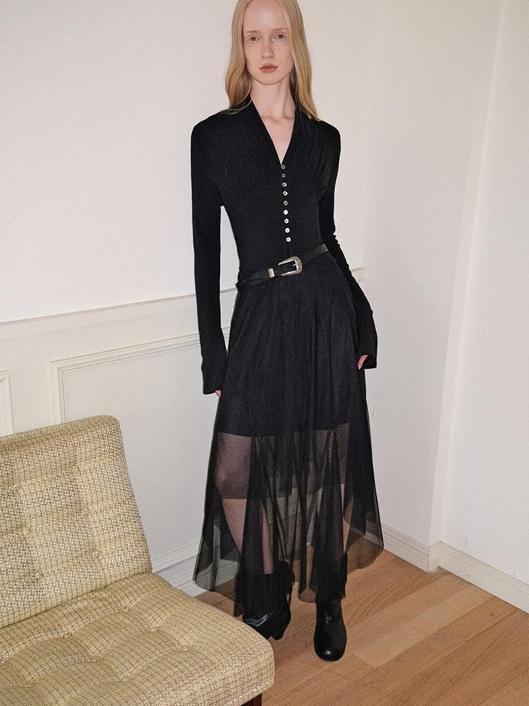 AnnoMundi Black Mesh V-neck Cinched Waist Knit Women&