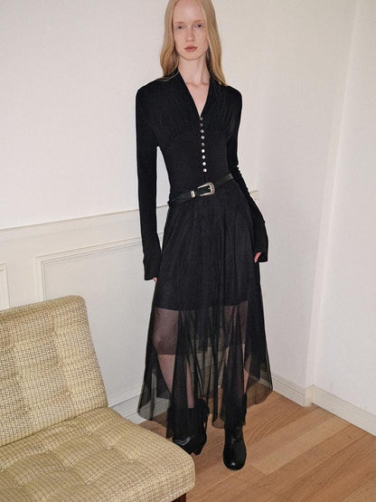 AnnoMundi Black Mesh V-neck Cinched Waist Knit Women&